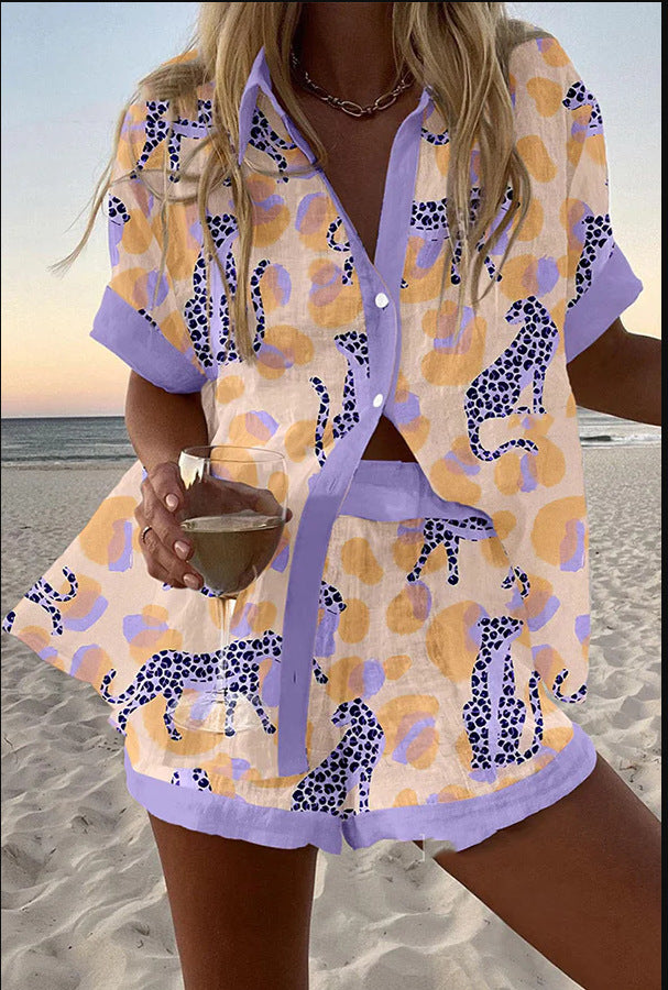Reolia - Short Linen Suit With Leopard Print