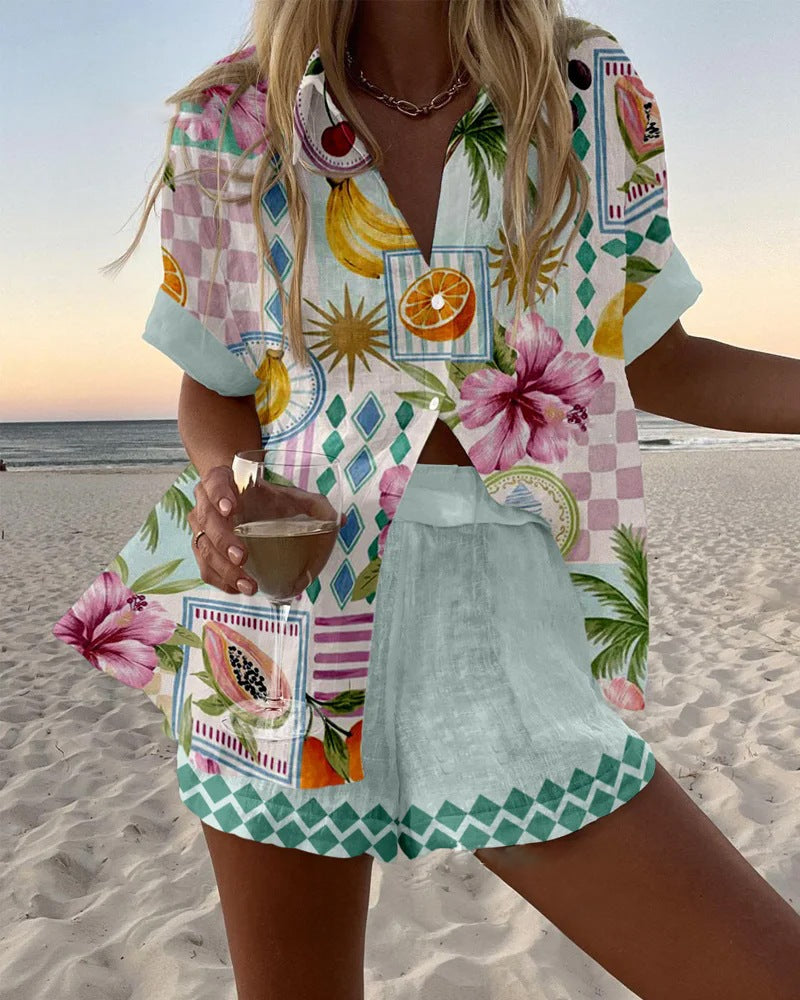 Maevin - Short Linen Suit With Fruit Print