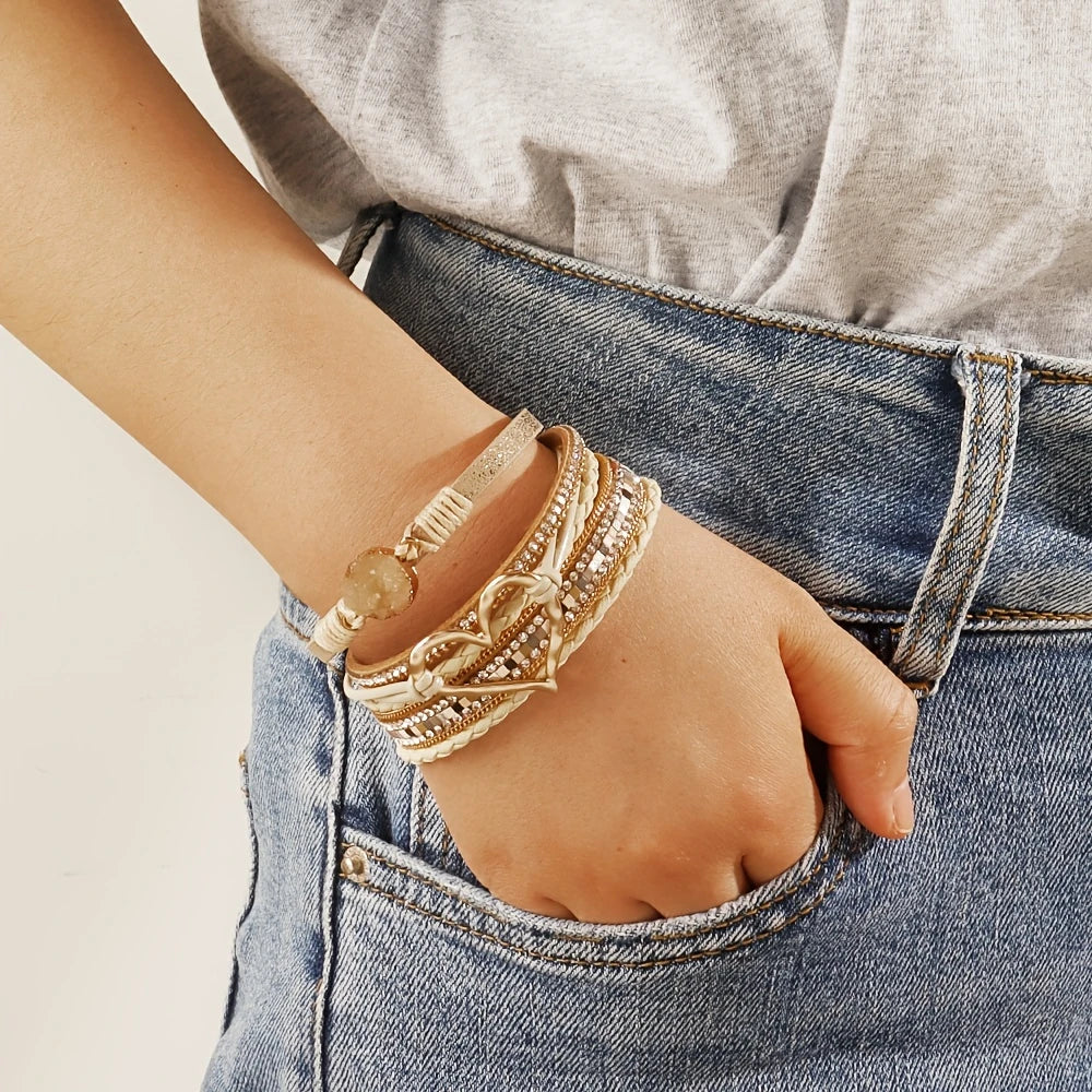 Joely - Multi Layer Leather Bracelet With Heart Design