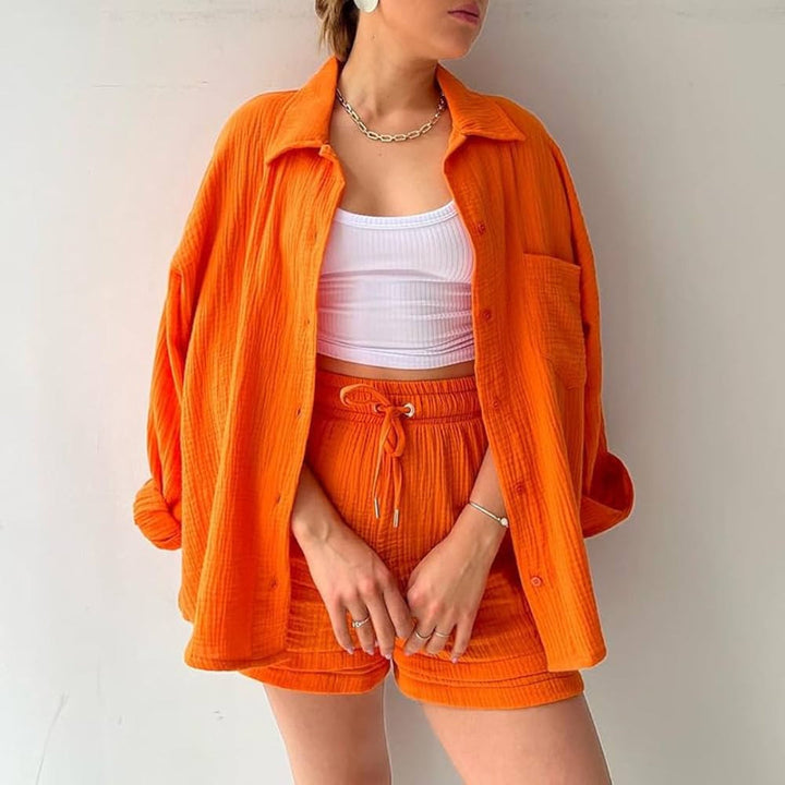 Katelyn - Two Piece Cotton Shirt And Shorts Set